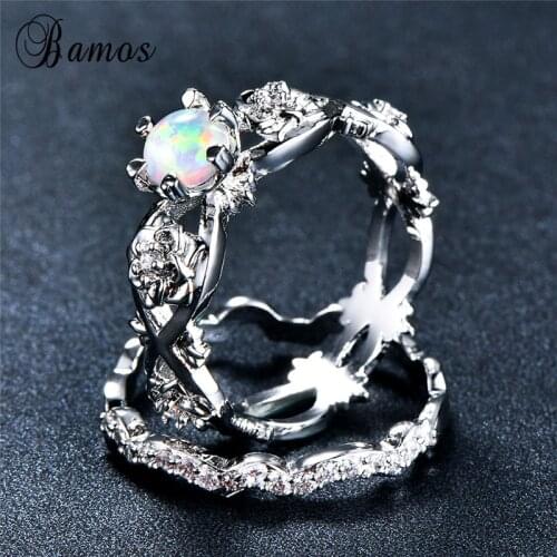 Bamos Cute Female Bridal Wedding Ring Set Fashion White/Blue Fire Opal Stone Ring Silver Color Engagement Rings For Women