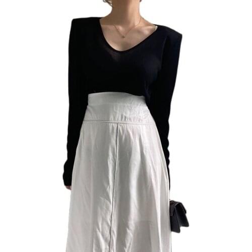 Summer New Womens Elegant Two-Piece v-Neck Slim Long-Sleeved Bottoming Shirt t-Shirt + Open line design High Waist Skirt Female