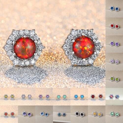 Cute Female Rainbow Crystal Stud Earrings Vintage Bride Opal Wedding Earrings For Women Charm Silver Color Round Zircon Earrings