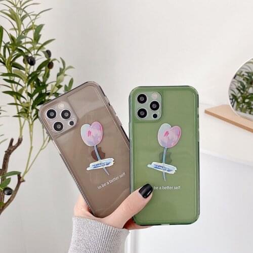 Retro tulip Flower art jelly green Transparent Phone Case For iPhone 12 11 Pro Max Xr Xs Max 7 8 Plus 7Plus case Cute Soft Cover