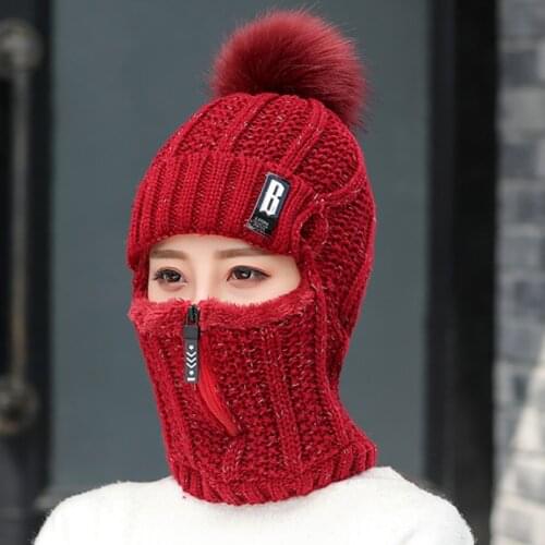Beanies Women Wool Knitted Hat Ski Hat Sets For Female Windproof Winter Outdoor Knit Warm Thick Siamese Scarf Collar Warm Hat