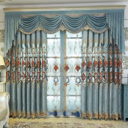 Custom curtains European window Hollow blue Chenille embroidered bedroom cloth blackout curtain tulle valance drape M688
