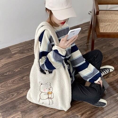 Ins School Bag Cute Bear Embroidery Crossbody Bag Female Wild Large-capacity Imitation Lamb Shoulder Bag Storage Cartoon Bag