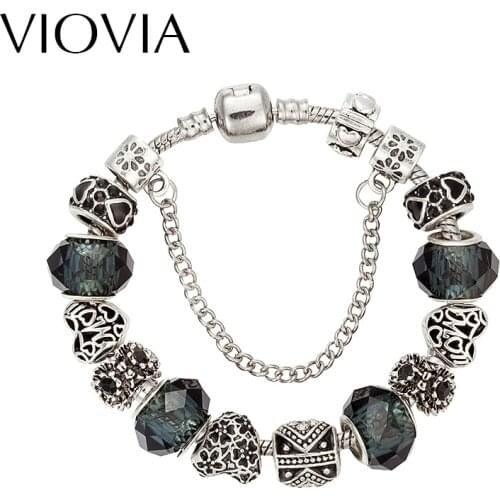 VIOVIA Luxury Tibetan Silver Crystal Heart Charm Bracelets & Bangles for Women Bracelet Women Pulsera B16126