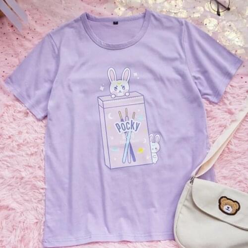 Japanese Soft Girls Summer Purple Rabbit Printed Tops Vintage Students JK School Style Harajuku Small Fresh Loose Kawaii T-shirt