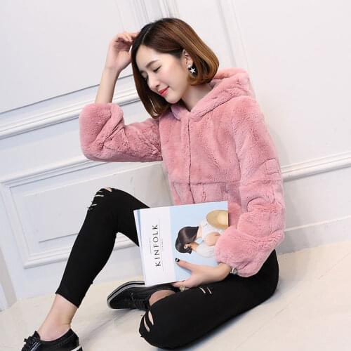 2019 winter womens whole skin Rex fur grass hooded jacket short paragraph Slim female large size outerwear coats