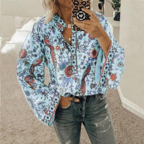 Womens Floral Print Shirt Fashion Casual Long Sleeve V Neck Shirts Loose Blouses Vetement Femme 2021 Blouses Et Chemises
