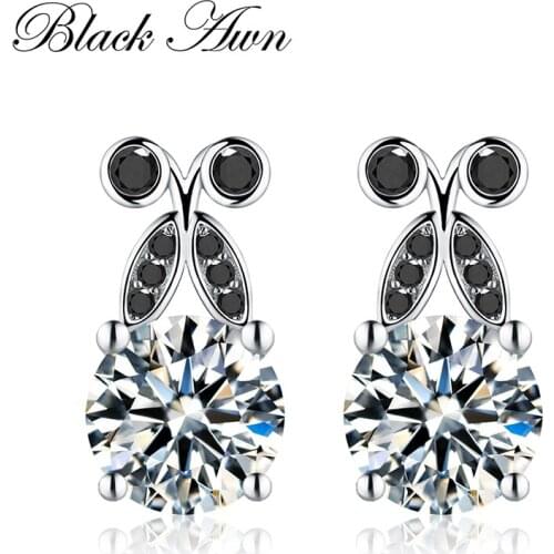 BLACK AWN Cute 4.2g Genuine 925 Sterling Silver Fine Jewelry Eyes Black&White Stone Engagement Stud Earrings for Women T114