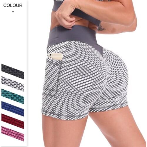 High Waist Honeycomb Peach Hip Booty Yoga Shorts For Women Running Workout Sports Shorts With Pocket Gym Fitness Short Leggings