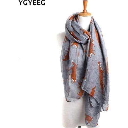 YGYEEG Women Fox Scarf Voile Girl Long Cute Fox Print Scarf Wraps Shawl Soft Scarves Female Cute Tippet Foulard Cachecol Shawl