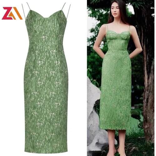 ZALady designer runway party night club midi long dress elegant green floral vintage sexy Spaghetti strap bodycon women dresses