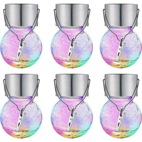 6Pack Hanging Outdoor Decorative Solar Powered Lanterns Cracked Glass Ball Ligh For Garden Fence Tree Color