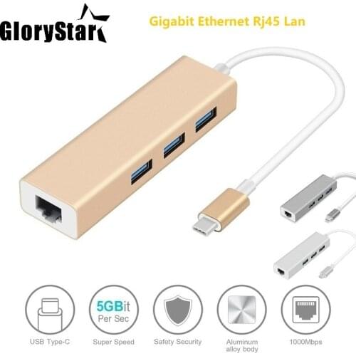 Three Colors USB C Ethernet Adapter with 3 USB 3.0 Hub for MacBook Pro PC USB Type C Hub Gigabit Ethernet Rj45 Lan USB C Hub