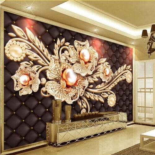 Beibehang Black simple jewelry diamonds pearl flowers European pattern background wall custom large fresco green wallpaper