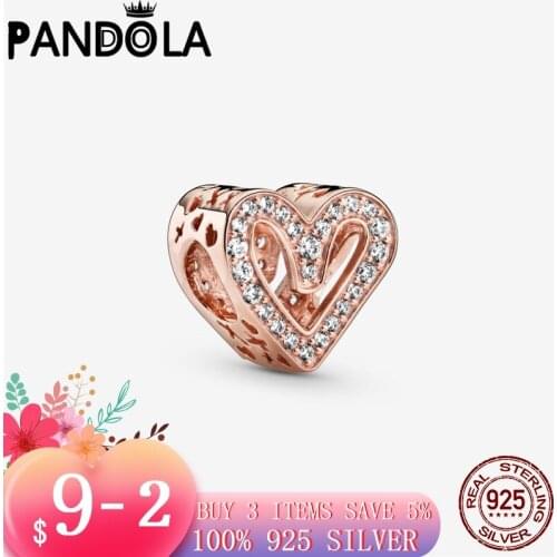 925 Sterling Silver & Gold Color Sparkling Freehand Heart Charms Beads fit Original Pandora Bracelets 925 Silver Jewelry Gift