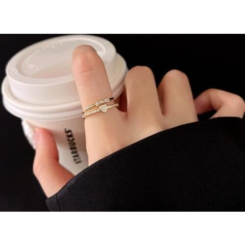 Heart Shaped Korean Rings For Women Fashion Double Layer Opening Gold Ring Bow Geometric Personality Ring 2021 Trendy Jewelry