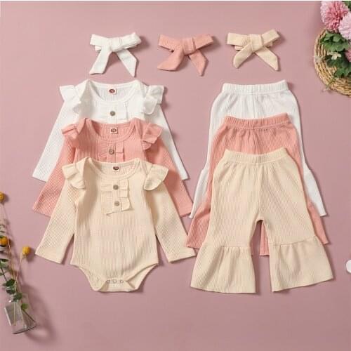 FOCUSNORM 3pcs Lovely Baby Girls Clothes Sets 0-24M Solid Ruffles Long Sleeve Romper Tops Flare Pants Headband