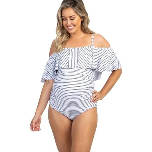 Swimsuit 2020 Striped/Floral Print Piece Bikini Swimwear For Pregnant Women Sexy Winged Sleeves Ruffle Bathing Suit Slash Neck