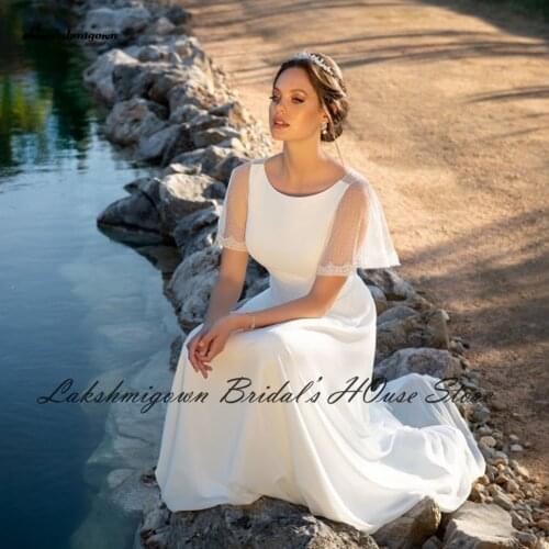 Lakshmigown Simple Boho Wedding Dress for Bridal 2021 Hochzeitskleid Puffy Chiffon A Line Beach Wedding Gown with Short Sleeves