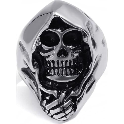 Mens Boys Grim Reaper Skull Silver Stainless Steel Biker Ring Fashion Jewelry Size 8-15