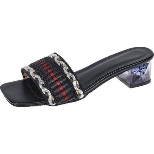 Summer Slippers Women 5cm Transparent Square Heels Mules Women Peep Toe Flip Flops Shoes Plus Size 44 45