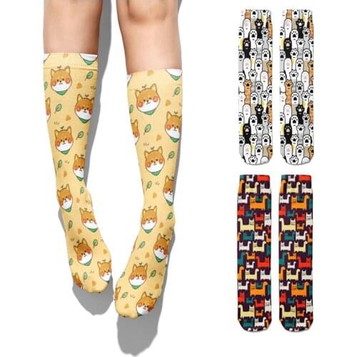 Cute Shiba Inu Printed Women Socks Fashion Funny Cats Dogs Animals Long Socks Unisex Casual Harajuku Cotton Comfortable Sokken