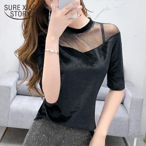 New Fashion women 2021 Spring New Mesh Hollow Solid Sexy Middle Sleeve Female O-Neck Bottom Women Shirt Women Tops and Blouses