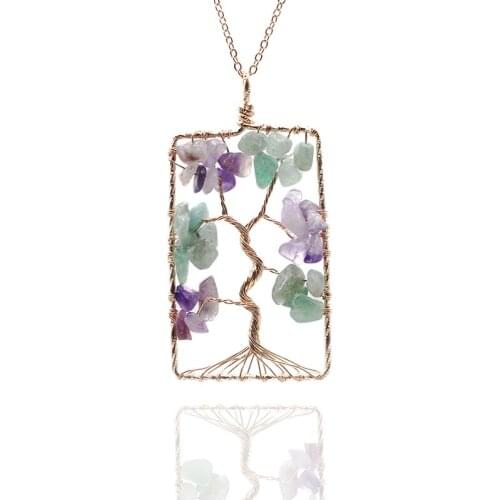 Square Tree of Life Healing Crystal Necklace Wire Wrapped Stone Pendant for Womens Girls Ladies Chakra Jewelry