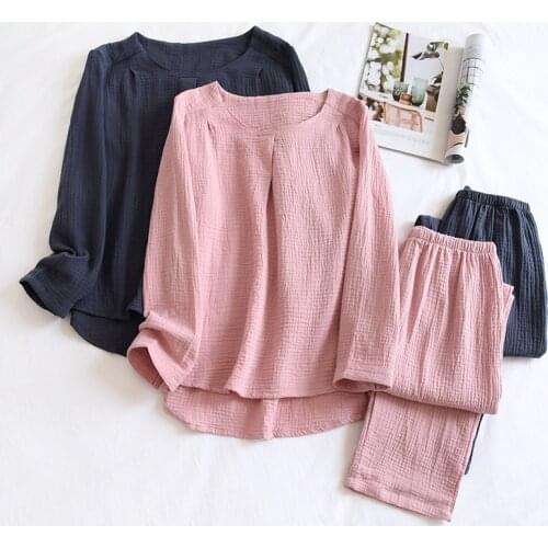 Japanese Simple Spring And Autumn Ladies Pajamas Two-piece Long-sleeved Trousers 100% Cotton Crepe Round Neck Home Service Set