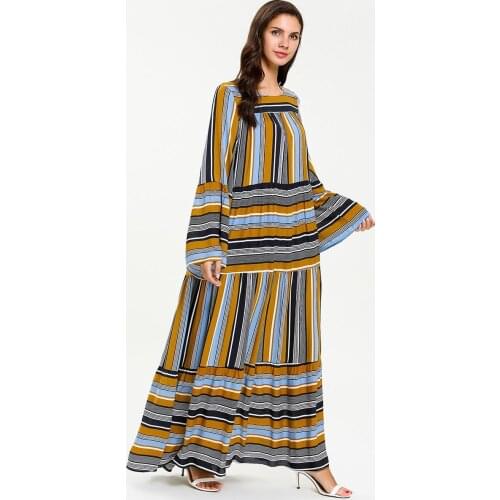 Plus-sized womens thin striped panel comfortable maxi dress printed dress elegant lady dress casual female dress Plus-size