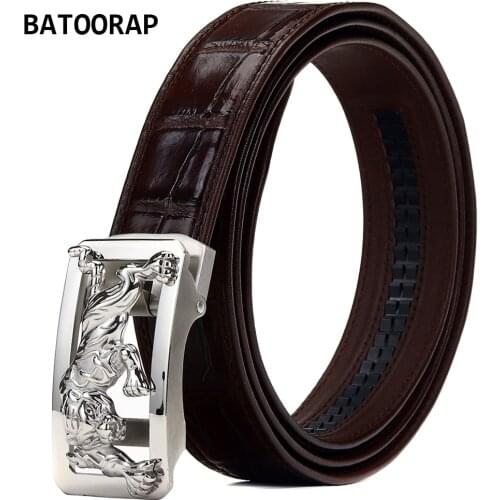 2021Top High-end Crocodile Belly Belt Brand Luxury Designer Mens Belt Brown Domineering Tiger Stainless Steel Automatic Buckle