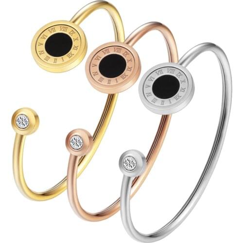Roman Digital Plated Rose Gold Cake New Trending Products Cuff Jewelry Stainless Steel Pearl Bangle Accept Dropshipping