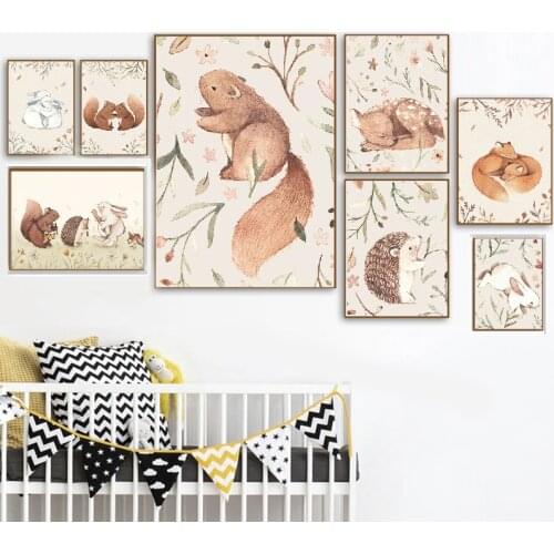 Nordic poster rabbit fox squirrel hedgehog wall art oil painting and print wall picture baby room home decor