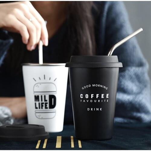 420ml Stainless Steel Cups with Lids Straws Tea Juice Milk Coffee Mug Food Grade Metal Drinking Cups for Children Adult