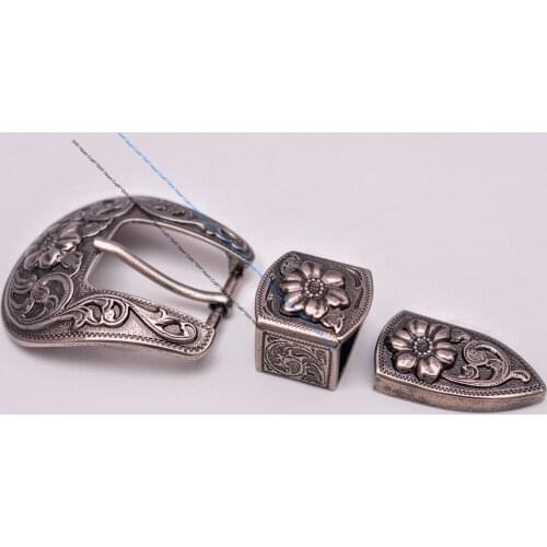 Heavy Duty Retro Silver Western Cowboy Flower Carved Leathercraft 3 Pieces Belt Buckle Set Replacement Fit 1" Belt Strap