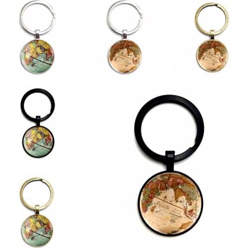 World Map Badge Glass Cabochon Vintage Keychain Charm Car Key Ring Pendant Gift Jewelry Pendant