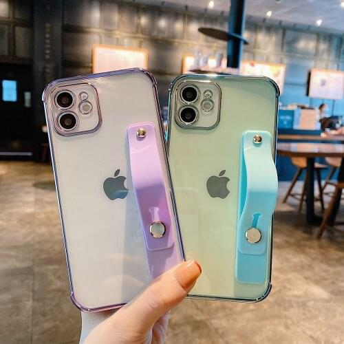 6D Transparent Plating Wristband Bracket Case for IPhone 11 12 Pro Max 12Pro XR X XS Max 7 8 Plus Cover Soft Silicone Coque Case