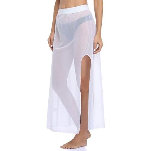 Women Split Bikini Cover Ups, Solid Color Ankle Length High Waist See Through Skirt for Summer
