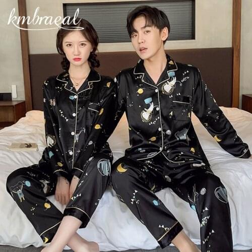 Women Pajama Long-sleeved Ice Silk Couples Sleepwear Leisurewear Suit Mens Pyjamas Household To Take 2 Pieces Big Yards 3XL