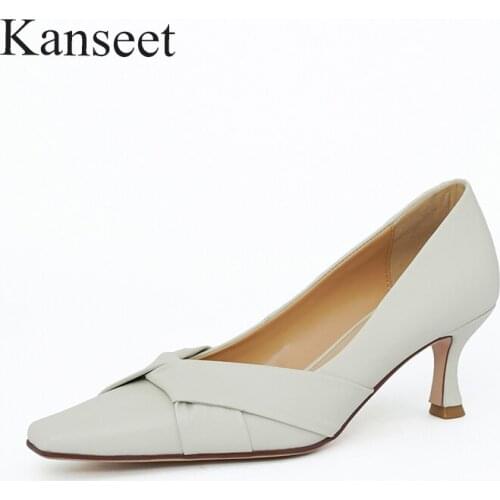 Kanseet 2021 New Womans Pumps Spring Autumn White Black Genuine Leather Handmade Square Toe Footwear Shallow High Heels Shoes