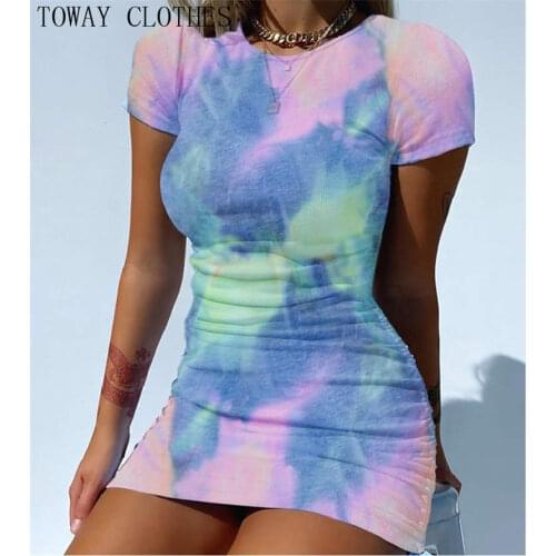 Women Sexy Summer Tie Dye Print Dress Drawstring Ruched Bodycon Dress Mini Dress