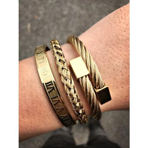 3pcs/set Luxury Cuff Bracelet Bangle Stainless Steel Bracelet Carving Roman Numeral Couple Bangle for Men Women Jewelry