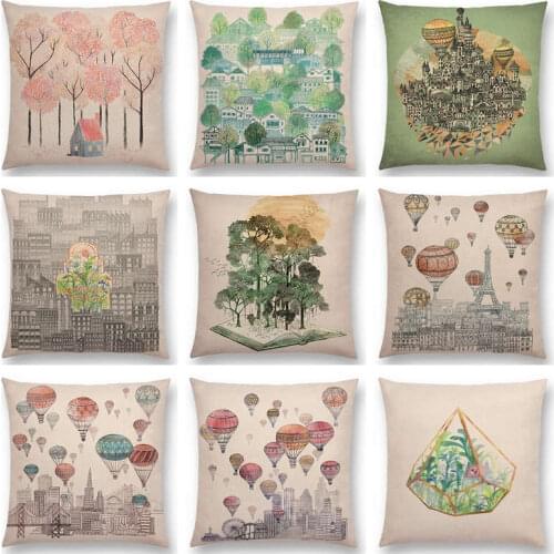 Cabin Village City Building Plants Juniper Trees Kite Balloon Luna Color Sketch Cushion Cover Home Decor Sofa Throw Pillow Case