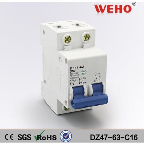 DZ47-63-C16 16A Promotional Product Mini Type 2 Poles Number Electronic MCB Miniature Circuit Breaker