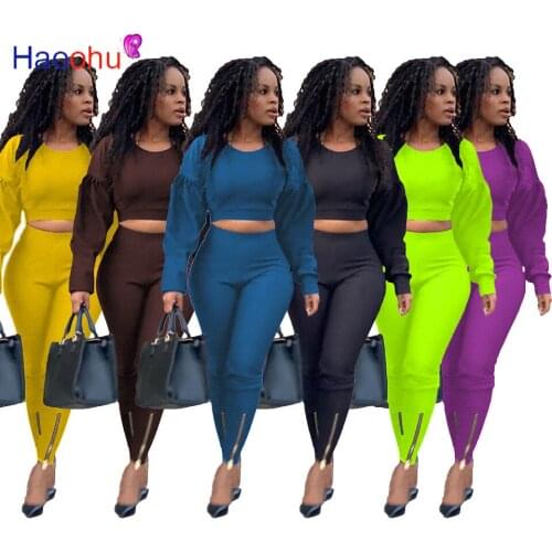 HAOOHU Bandage Solid Workout Two Piece Sets Women 2021 Flare Sleeve Hooded Crop Top and Skinny Pant Streetwear Casual Outfits