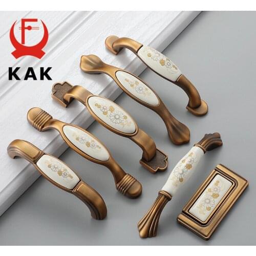 KAK Vintage Ceramic Cabinet Knobs and Handles European Style Yellow Bronze Kitchen Handle Furniture Door Handle Pulls Hardware
