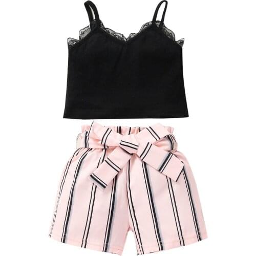 Baby Girls Clothes Set, Solid Color Sleeveless V-neck Cropped Tops with Lace+ Striped Short Pants