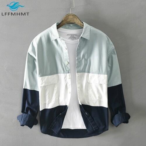 Men Winter Fall Contrast Color Patchwork Long Sleeve Lapel Shirt Pure Cotton Comfortable Casual Wild Korean Style Chic Work Tops