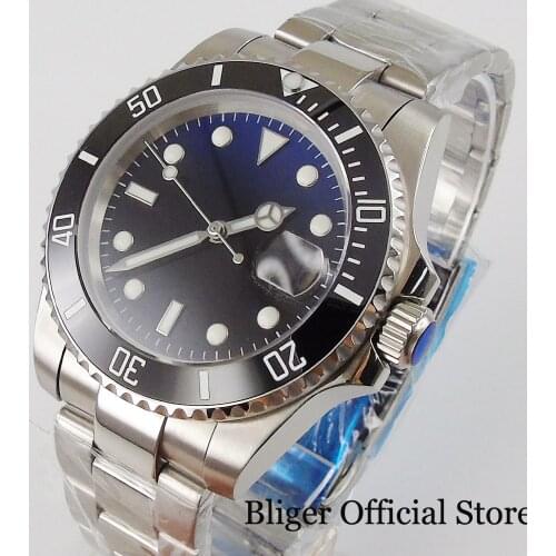 BLIGER Business 24 Jewels NH35 316L Automatic Men Watch Sapphire Crystal BLUE BLACK Dial Polished Oyster Bracelet Seeing Back