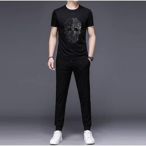 2021 Spring And Summer New Luxurious Hot Diamond Skull Mens Suit T-Shirt Short-Sleeved + Sweatpants 2 Pieces Pure Cotton Breat